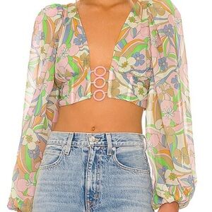 For Love and lemon womens Guinevere Floral Sheer Long Sleeve Crop Top size small